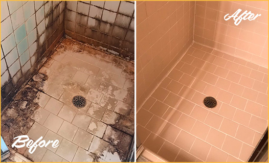 Before and After Picture of a Pataskala Ceramic Shower Cleaned to Remove Grime