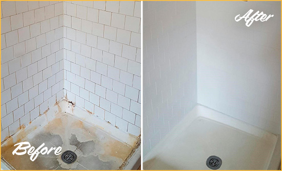 Before and After Picture of a Pataskala Shower Cleaned to Eliminate Mold