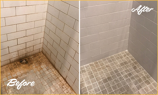 Before and After Picture of a Pataskala Ceramic Shower Cleaned to Eliminate Rust Stains