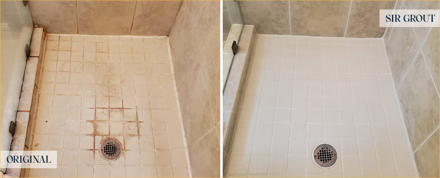 Shower Floor Before and After a Service from Our Tile and Grout Cleaners in Groveport