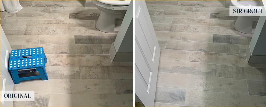 Bathroom Floor Before and After a Grout Cleaning in Lewis Center